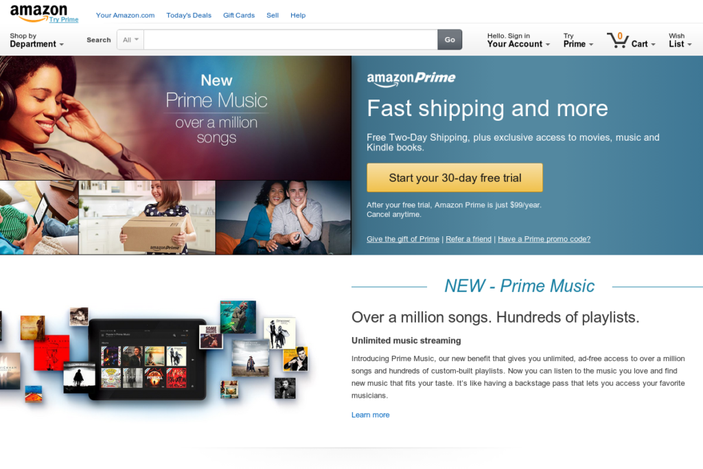 Landing page of Amazon prime example
